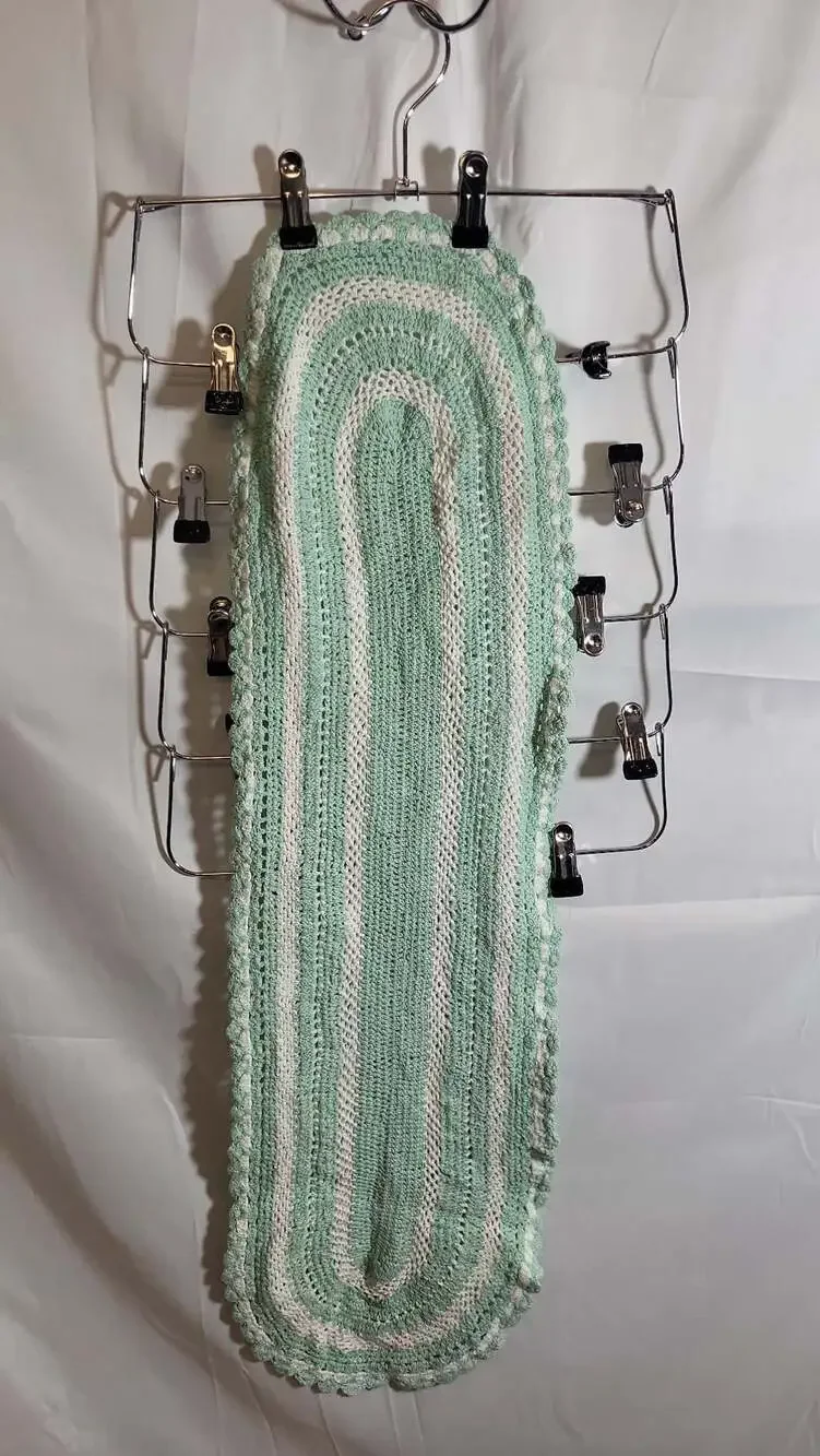 Oval Crochet Cotton Sage Green and White Scalloped Table Runner